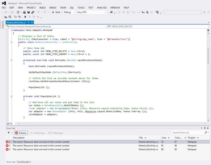 Xamarin error list